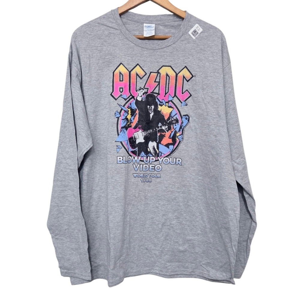 AC/DC "Blow Up Your Video" Graphic Long Sleeve Gray Shirt ACDC Unisex Size 2XL